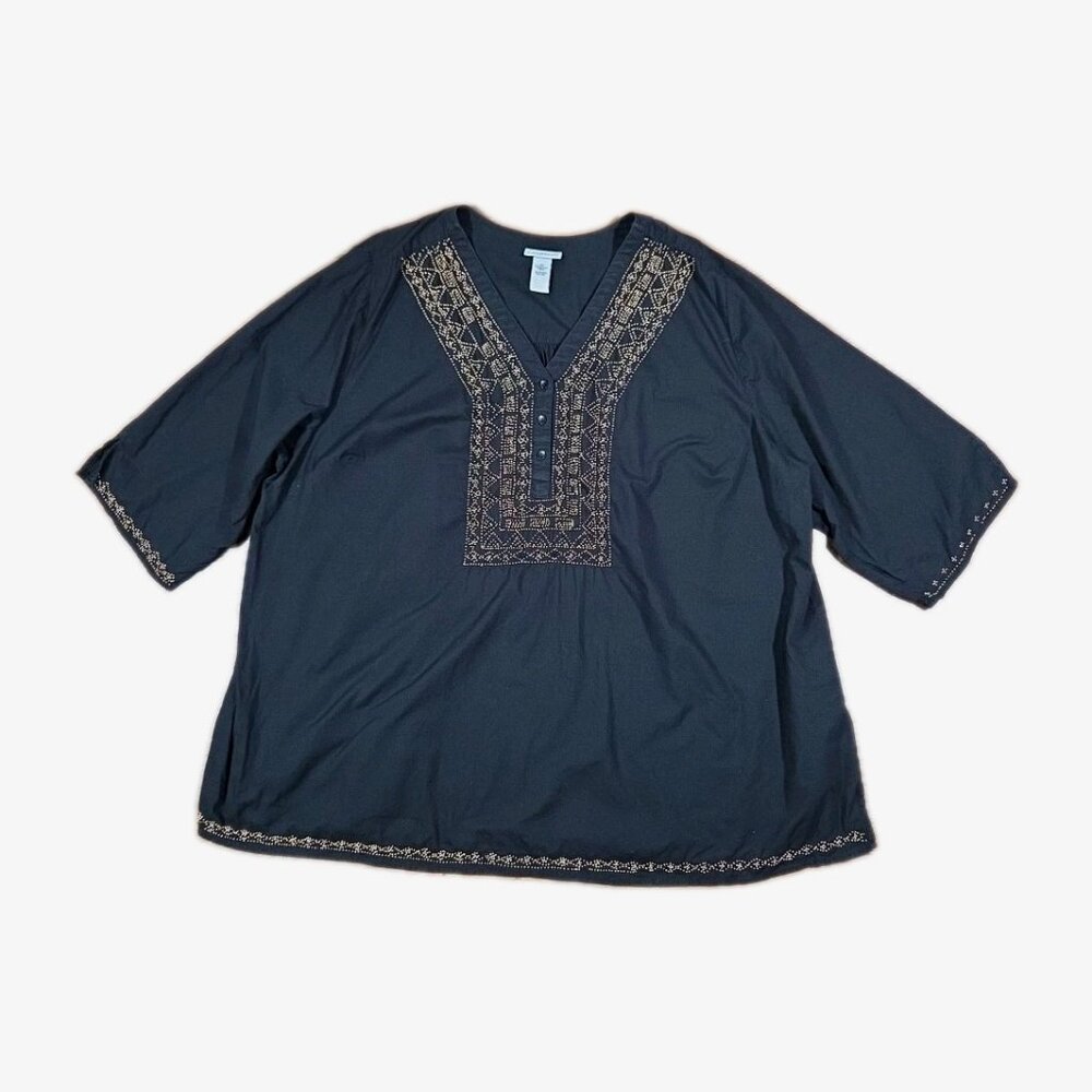 Catherines Tunic Top Shirt Blouse Size 3X Black Gold Beaded Embellished Cotton